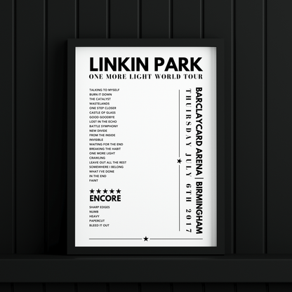 Linkin Park Setlist Poster - Barclaycard Arena, Birmingham - July 6th 2017