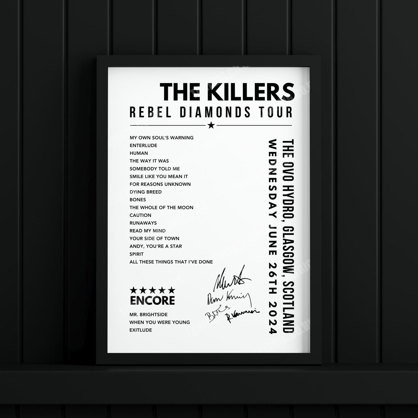 The Killers Setlist Poster - The OVO Hydro, Glasgow - June 26th, 2024