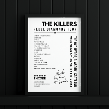 The Killers Setlist Poster - The OVO Hydro, Glasgow - June 26th, 2024