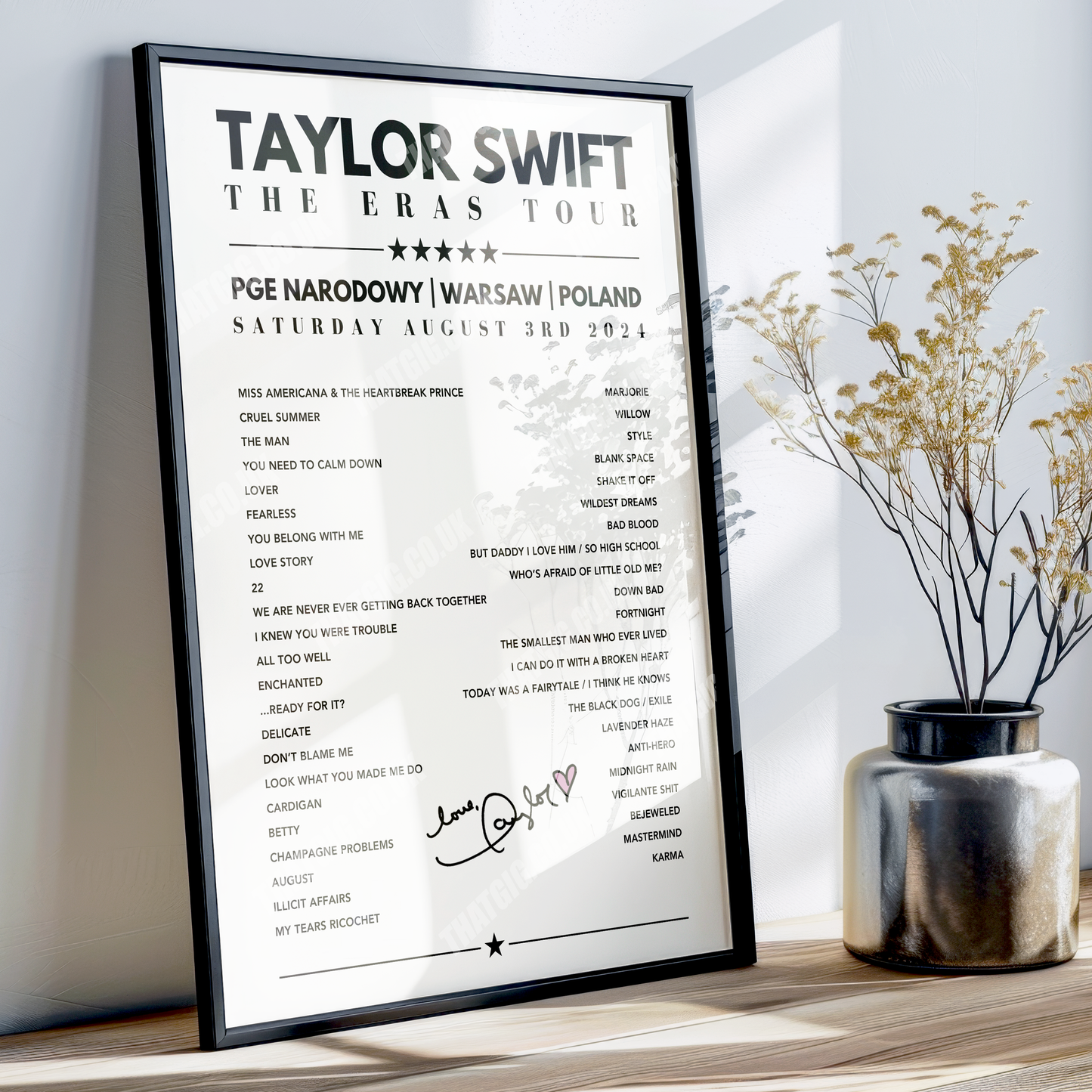 Taylor Swift Setlist Poster - PGE Narodowy, Warsaw - August 3rd, 2024