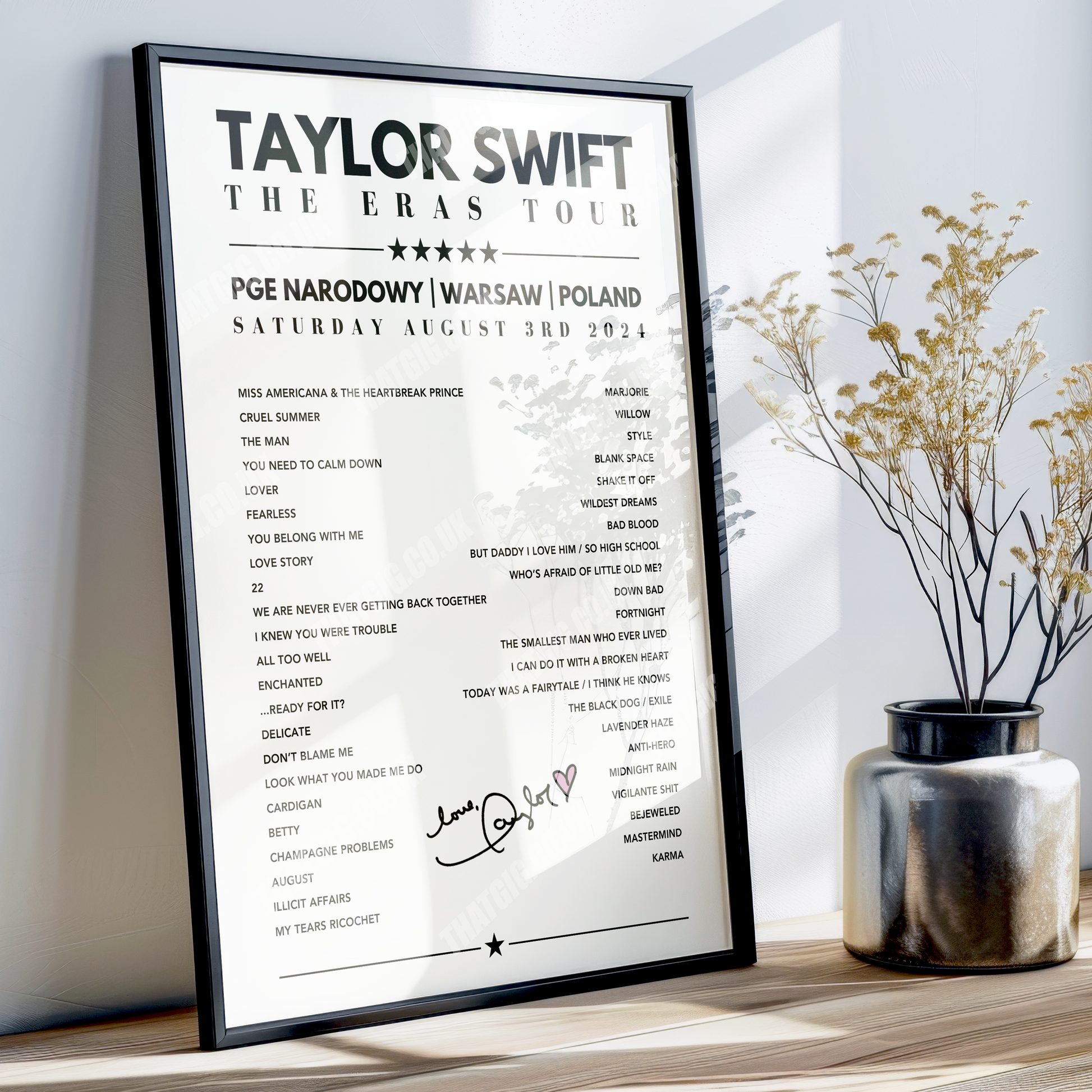 Taylor Swift Setlist Poster - PGE Narodowy, Warsaw - August 3rd, 2024