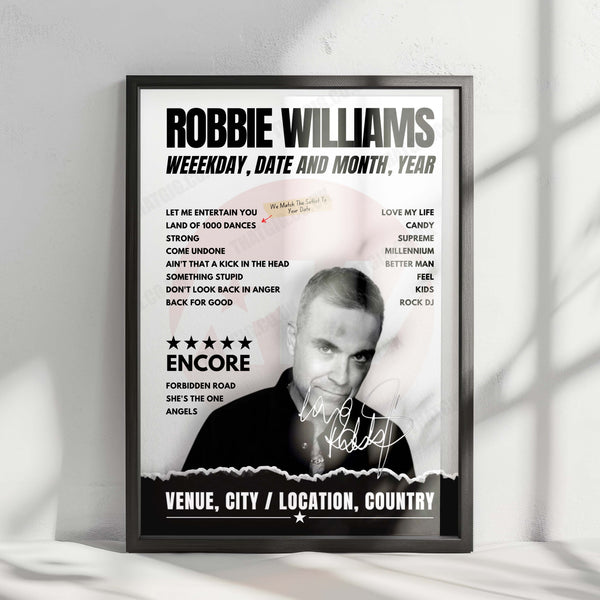 Robbie Williams Setlist Poster - Romexpo, Bucharest, Romania - August 19th, 2023