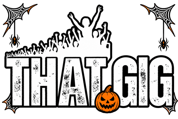 That Gig Halloween logo with black and white lettering and pumpkin-orange accents